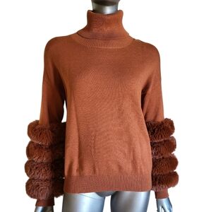 202. Cliche Women's Brown/Rust Turtleneck Sweater with Faux Fur Sleeves - Size L